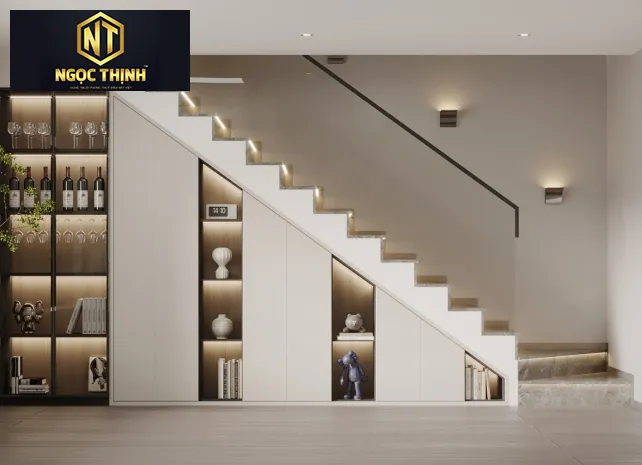 KỆ CẦU THANG NGỌC THỊNH GỖ CÔNG NGHIỆP & KÍNH